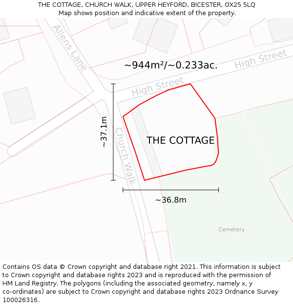 THE COTTAGE, CHURCH WALK, UPPER HEYFORD, BICESTER, OX25 5LQ: Plot and title map
