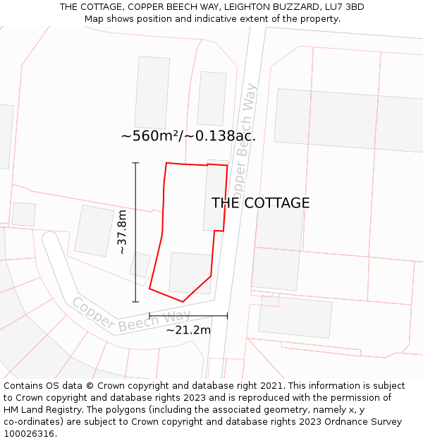 THE COTTAGE, COPPER BEECH WAY, LEIGHTON BUZZARD, LU7 3BD: Plot and title map