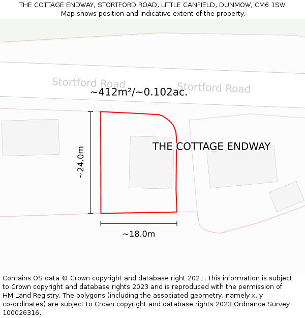 THE COTTAGE ENDWAY, STORTFORD ROAD, LITTLE CANFIELD, DUNMOW, CM6 1SW: Plot and title map