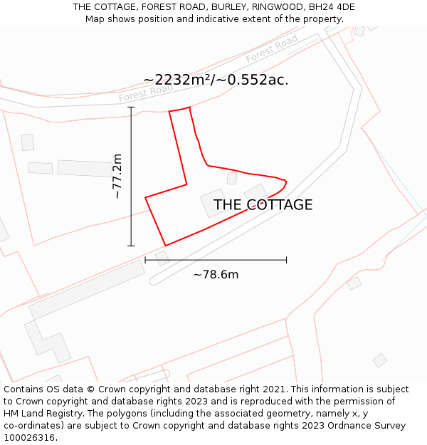 THE COTTAGE, FOREST ROAD, BURLEY, RINGWOOD, BH24 4DE: Plot and title map