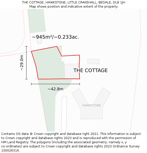 THE COTTAGE, HAWKSTONE, LITTLE CRAKEHALL, BEDALE, DL8 1JH: Plot and title map