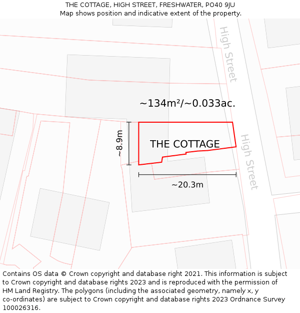 THE COTTAGE, HIGH STREET, FRESHWATER, PO40 9JU: Plot and title map