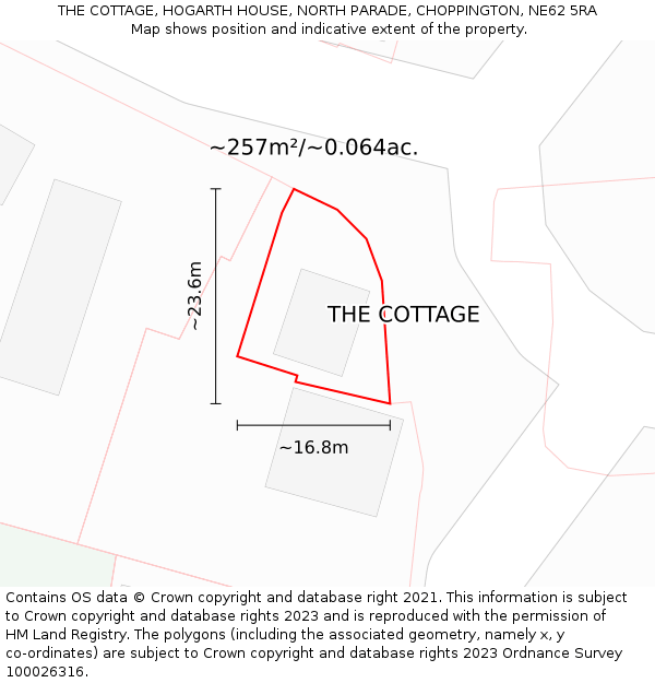 THE COTTAGE, HOGARTH HOUSE, NORTH PARADE, CHOPPINGTON, NE62 5RA: Plot and title map