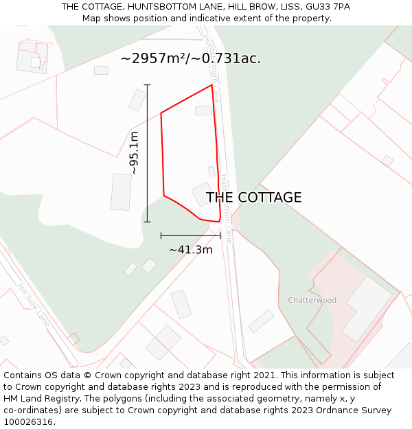 THE COTTAGE, HUNTSBOTTOM LANE, HILL BROW, LISS, GU33 7PA: Plot and title map