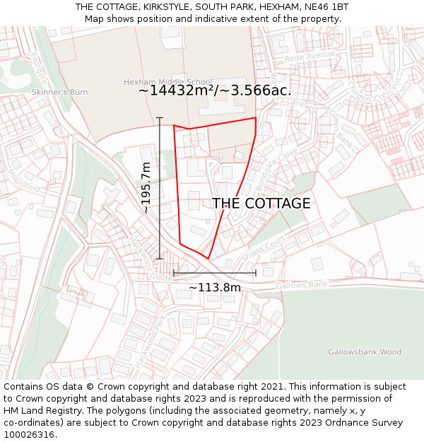 THE COTTAGE, KIRKSTYLE, SOUTH PARK, HEXHAM, NE46 1BT: Plot and title map