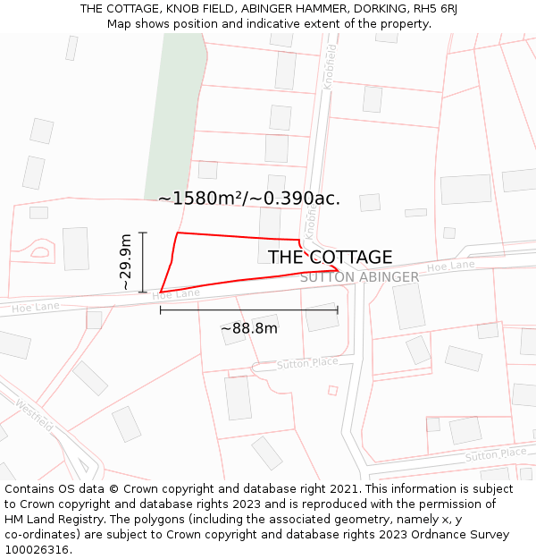 THE COTTAGE, KNOB FIELD, ABINGER HAMMER, DORKING, RH5 6RJ: Plot and title map