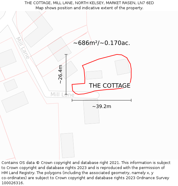 THE COTTAGE, MILL LANE, NORTH KELSEY, MARKET RASEN, LN7 6ED: Plot and title map