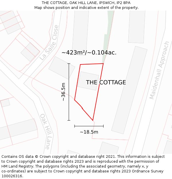 THE COTTAGE, OAK HILL LANE, IPSWICH, IP2 8PA: Plot and title map