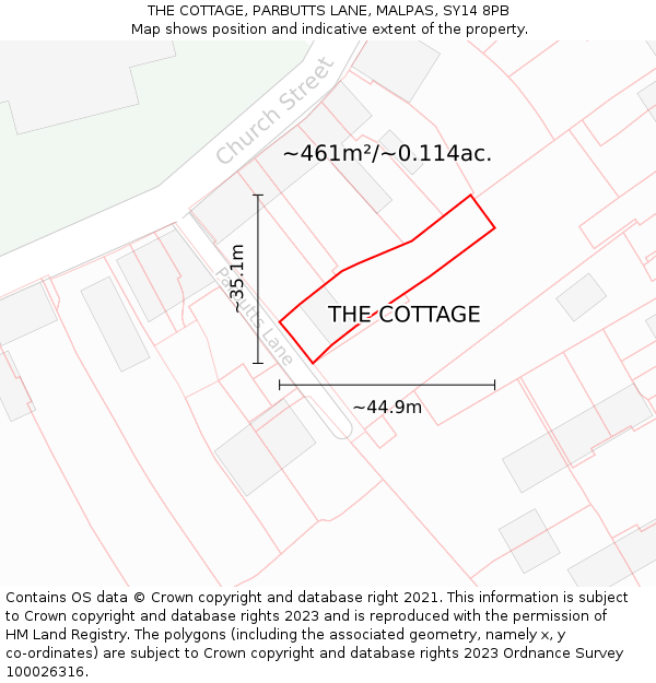 THE COTTAGE, PARBUTTS LANE, MALPAS, SY14 8PB: Plot and title map