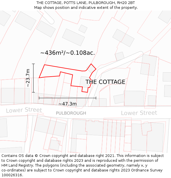 THE COTTAGE, POTTS LANE, PULBOROUGH, RH20 2BT: Plot and title map