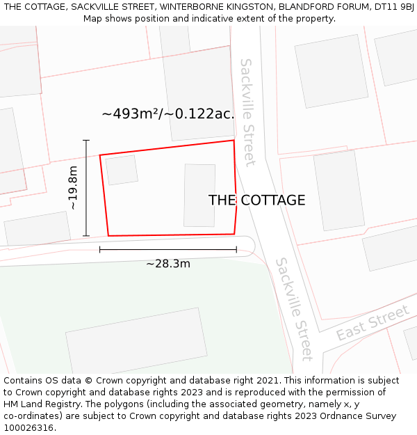THE COTTAGE, SACKVILLE STREET, WINTERBORNE KINGSTON, BLANDFORD FORUM, DT11 9BJ: Plot and title map