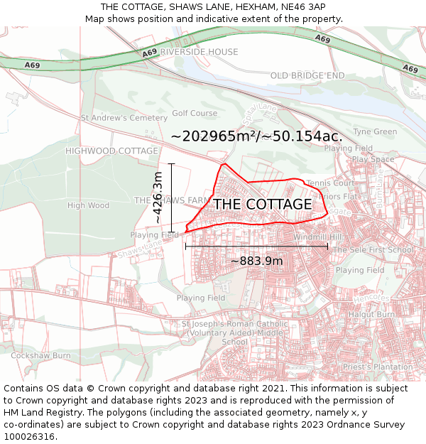 THE COTTAGE, SHAWS LANE, HEXHAM, NE46 3AP: Plot and title map