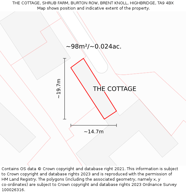 THE COTTAGE, SHRUB FARM, BURTON ROW, BRENT KNOLL, HIGHBRIDGE, TA9 4BX: Plot and title map