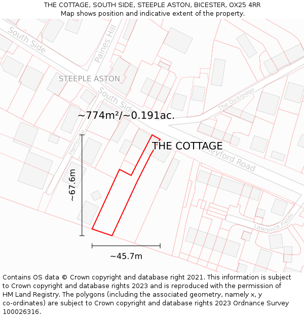 THE COTTAGE, SOUTH SIDE, STEEPLE ASTON, BICESTER, OX25 4RR: Plot and title map