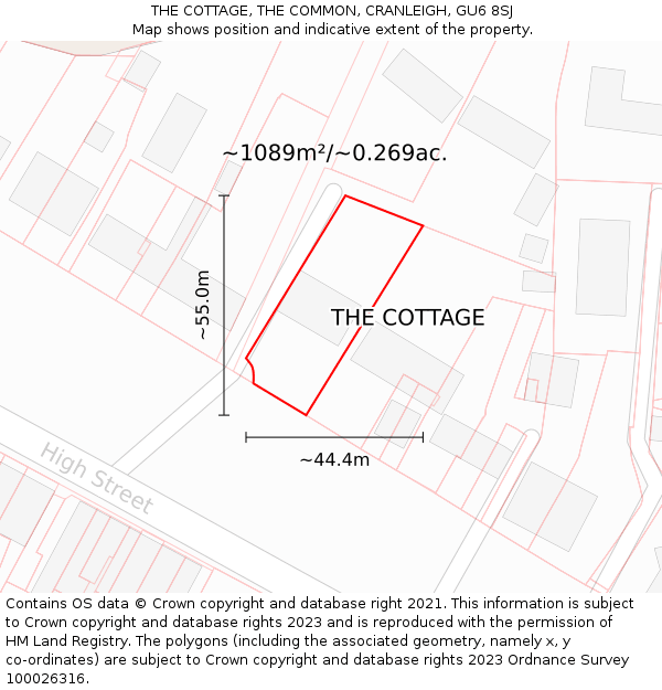 THE COTTAGE, THE COMMON, CRANLEIGH, GU6 8SJ: Plot and title map