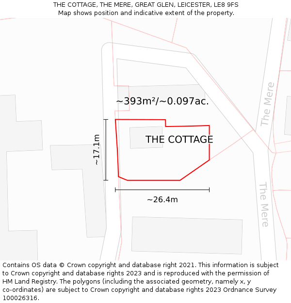 THE COTTAGE, THE MERE, GREAT GLEN, LEICESTER, LE8 9FS: Plot and title map