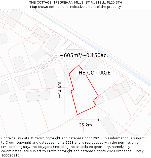 THE COTTAGE, TREGREHAN MILLS, ST AUSTELL, PL25 3TH: Plot and title map