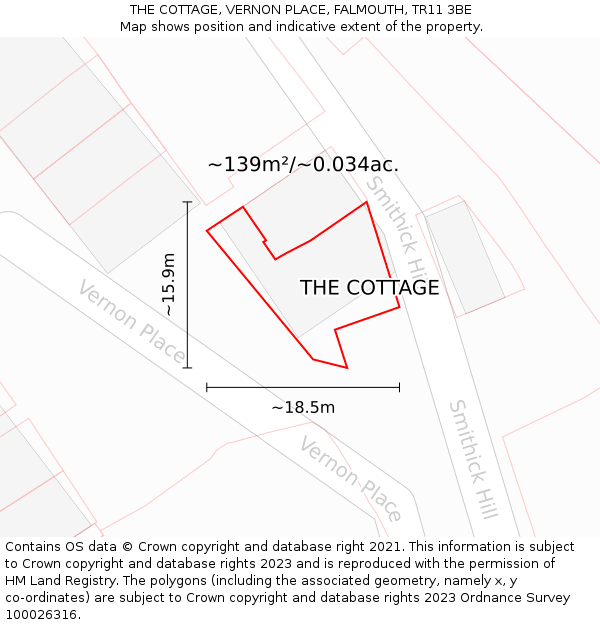 THE COTTAGE, VERNON PLACE, FALMOUTH, TR11 3BE: Plot and title map