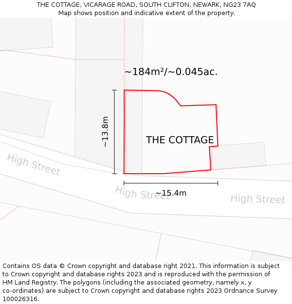 THE COTTAGE, VICARAGE ROAD, SOUTH CLIFTON, NEWARK, NG23 7AQ: Plot and title map