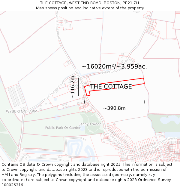 THE COTTAGE, WEST END ROAD, BOSTON, PE21 7LL: Plot and title map