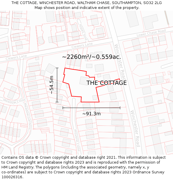 THE COTTAGE, WINCHESTER ROAD, WALTHAM CHASE, SOUTHAMPTON, SO32 2LG: Plot and title map