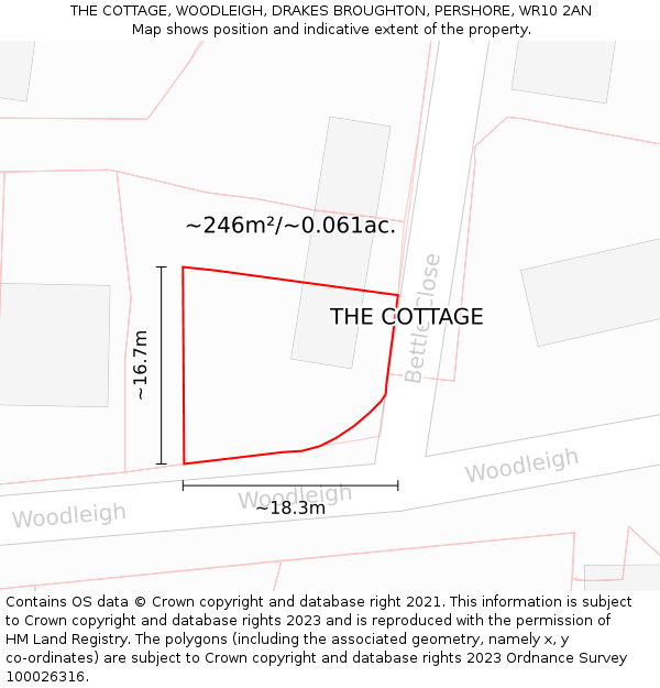 THE COTTAGE, WOODLEIGH, DRAKES BROUGHTON, PERSHORE, WR10 2AN: Plot and title map