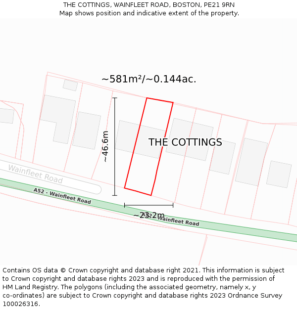 THE COTTINGS, WAINFLEET ROAD, BOSTON, PE21 9RN: Plot and title map