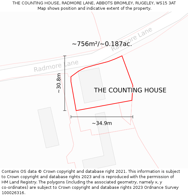 THE COUNTING HOUSE, RADMORE LANE, ABBOTS BROMLEY, RUGELEY, WS15 3AT: Plot and title map