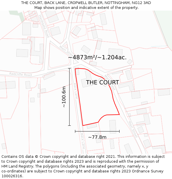 THE COURT, BACK LANE, CROPWELL BUTLER, NOTTINGHAM, NG12 3AD: Plot and title map