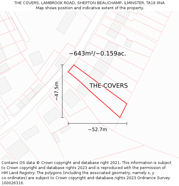 THE COVERS, LAMBROOK ROAD, SHEPTON BEAUCHAMP, ILMINSTER, TA19 0NA: Plot and title map