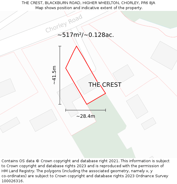 THE CREST, BLACKBURN ROAD, HIGHER WHEELTON, CHORLEY, PR6 8JA: Plot and title map