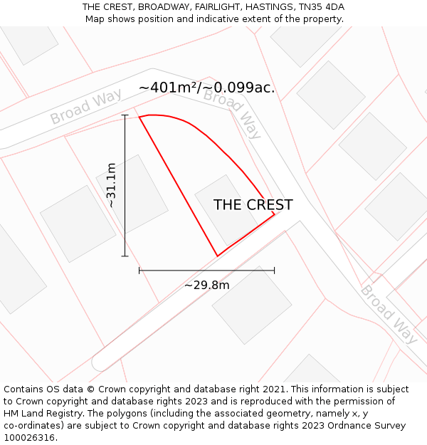 THE CREST, BROADWAY, FAIRLIGHT, HASTINGS, TN35 4DA: Plot and title map