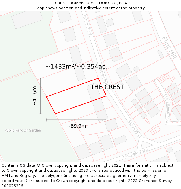 THE CREST, ROMAN ROAD, DORKING, RH4 3ET: Plot and title map