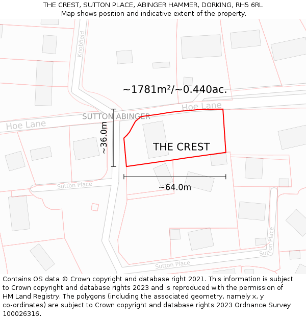 THE CREST, SUTTON PLACE, ABINGER HAMMER, DORKING, RH5 6RL: Plot and title map