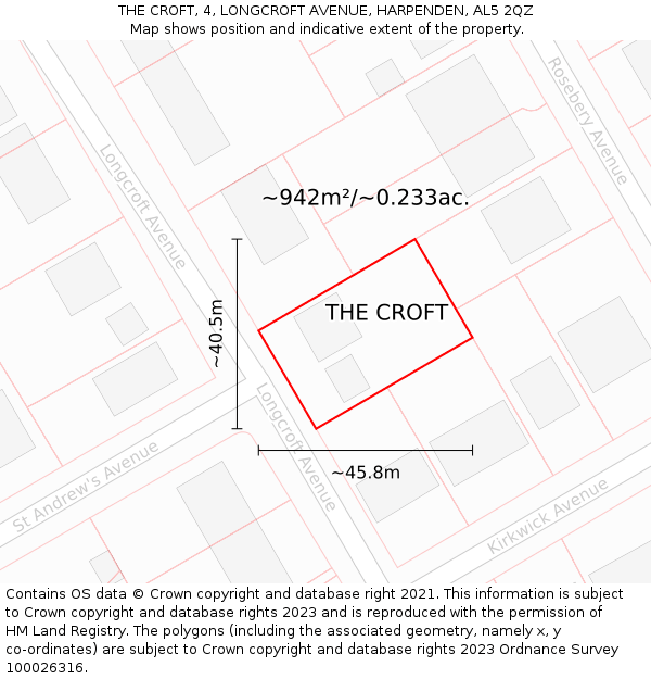 THE CROFT, 4, LONGCROFT AVENUE, HARPENDEN, AL5 2QZ: Plot and title map