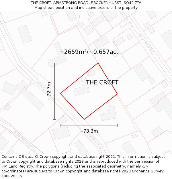 THE CROFT, ARMSTRONG ROAD, BROCKENHURST, SO42 7TA: Plot and title map