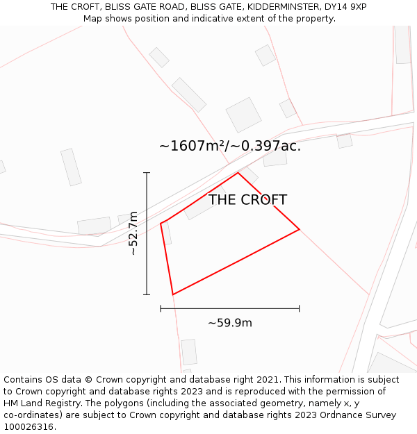 THE CROFT, BLISS GATE ROAD, BLISS GATE, KIDDERMINSTER, DY14 9XP: Plot and title map