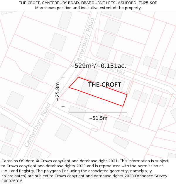 THE CROFT, CANTERBURY ROAD, BRABOURNE LEES, ASHFORD, TN25 6QP: Plot and title map