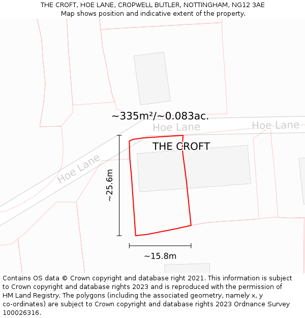 THE CROFT, HOE LANE, CROPWELL BUTLER, NOTTINGHAM, NG12 3AE: Plot and title map