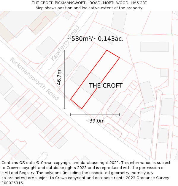 THE CROFT, RICKMANSWORTH ROAD, NORTHWOOD, HA6 2RF: Plot and title map