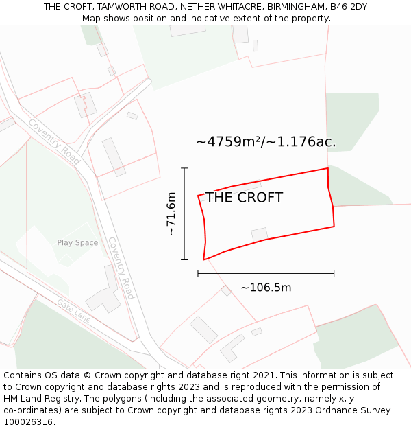 THE CROFT, TAMWORTH ROAD, NETHER WHITACRE, BIRMINGHAM, B46 2DY: Plot and title map