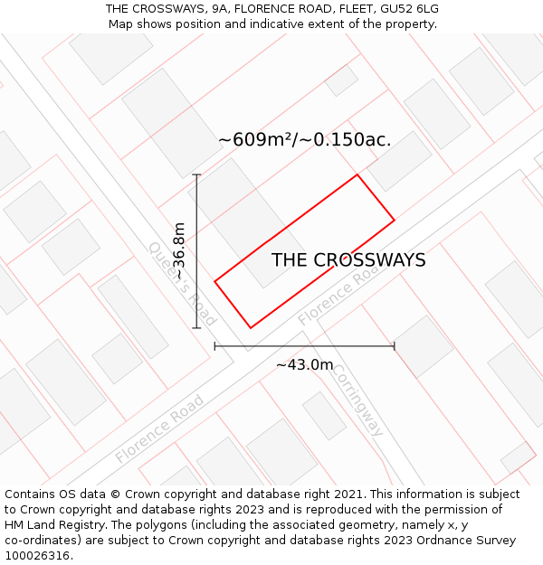 THE CROSSWAYS, 9A, FLORENCE ROAD, FLEET, GU52 6LG: Plot and title map
