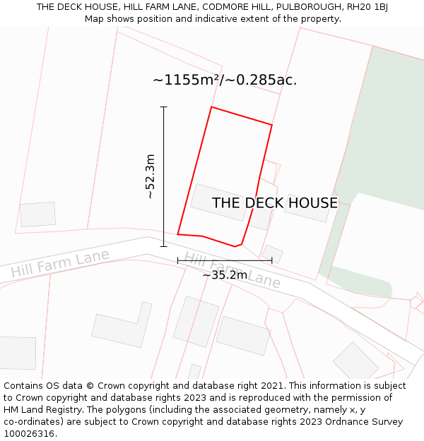 THE DECK HOUSE, HILL FARM LANE, CODMORE HILL, PULBOROUGH, RH20 1BJ: Plot and title map