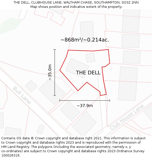 THE DELL, CLUBHOUSE LANE, WALTHAM CHASE, SOUTHAMPTON, SO32 2NN: Plot and title map