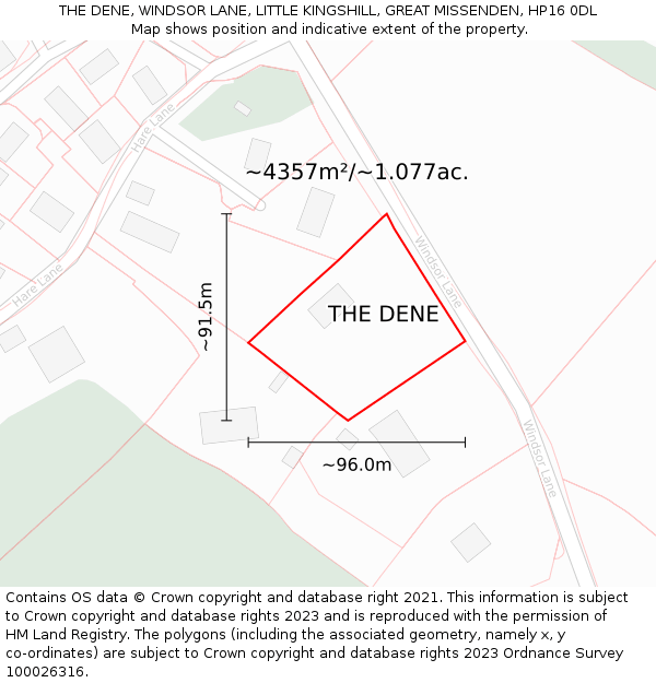 THE DENE, WINDSOR LANE, LITTLE KINGSHILL, GREAT MISSENDEN, HP16 0DL: Plot and title map