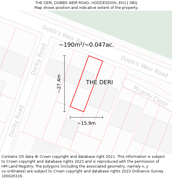 THE DERI, DOBBS WEIR ROAD, HODDESDON, EN11 0BQ: Plot and title map