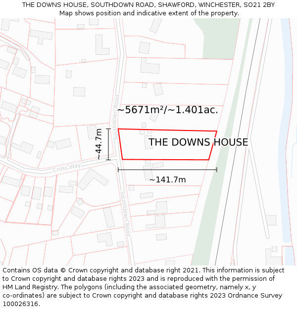 THE DOWNS HOUSE, SOUTHDOWN ROAD, SHAWFORD, WINCHESTER, SO21 2BY: Plot and title map