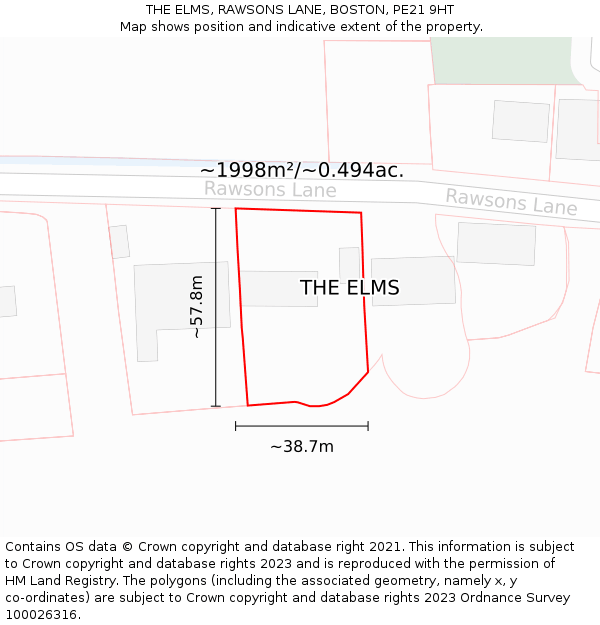 THE ELMS, RAWSONS LANE, BOSTON, PE21 9HT: Plot and title map