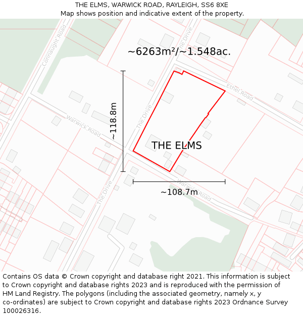 THE ELMS, WARWICK ROAD, RAYLEIGH, SS6 8XE: Plot and title map