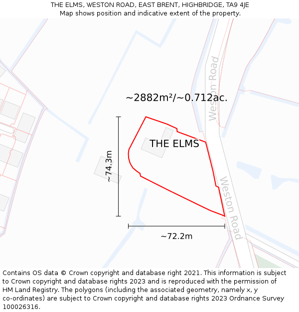 THE ELMS, WESTON ROAD, EAST BRENT, HIGHBRIDGE, TA9 4JE: Plot and title map